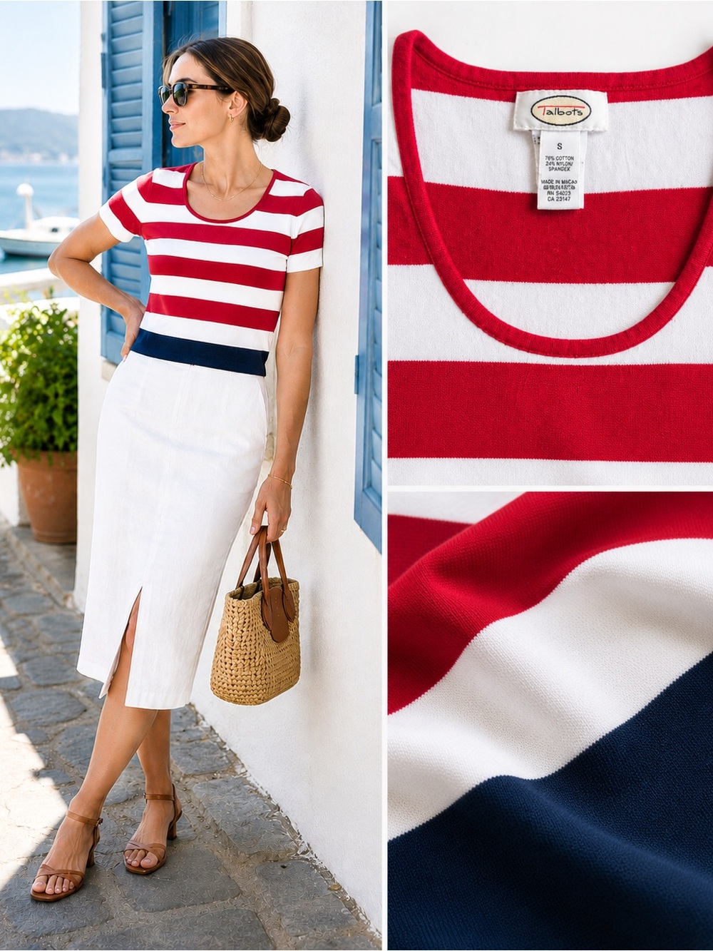 Talbots Striped Knit Top Small Red White Navy Cotton Blend Coastal Preppy